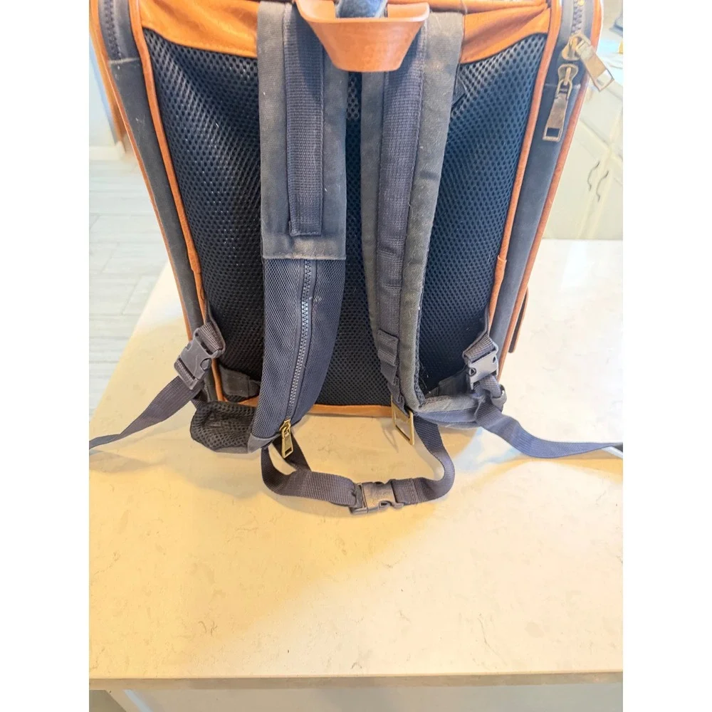 Pet Carrier Backpack Navy Canvas Faux Leather Trim Small Dog Cat Travel Bag